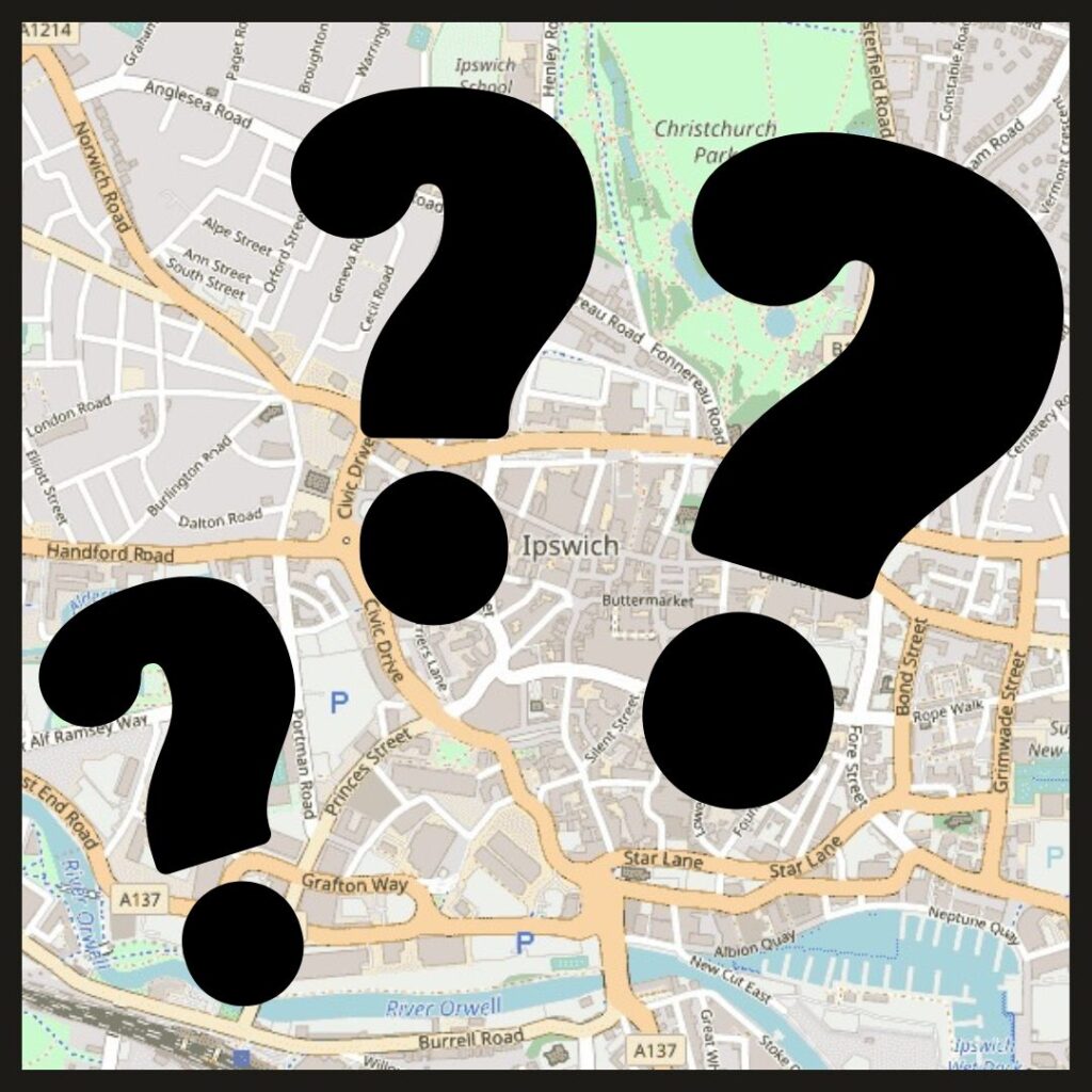 Map of Ipswich with 3 large question marks over the top