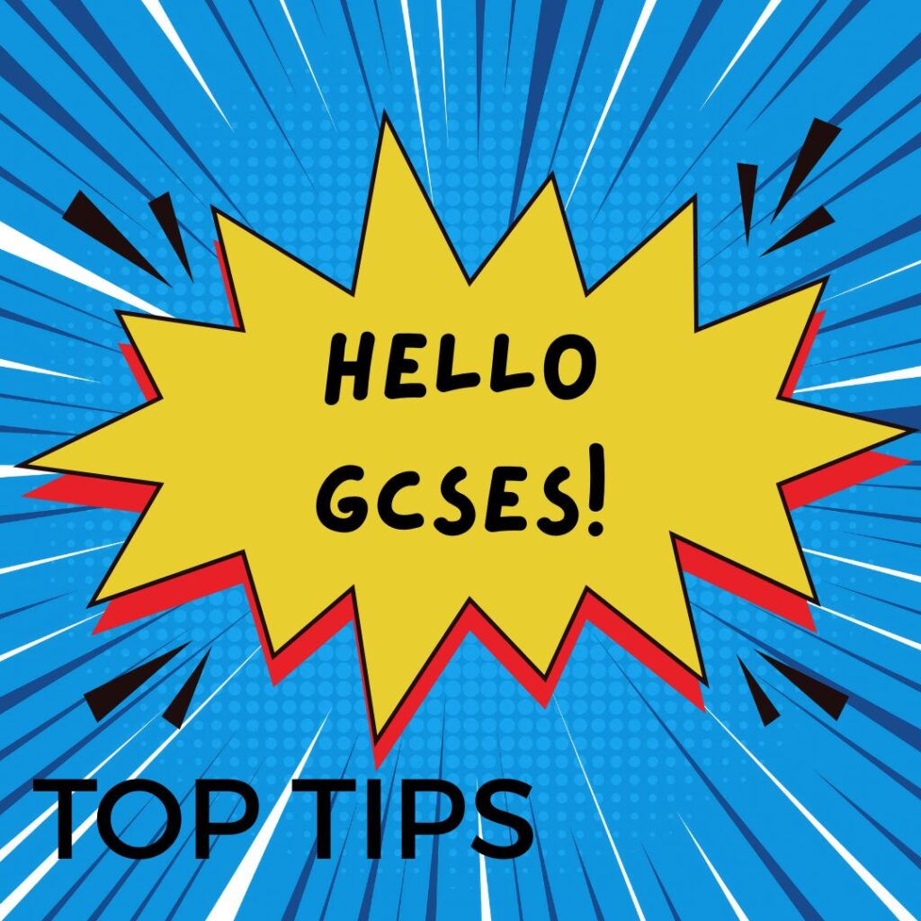 Hello GCSEs Top Tips exploding blue graphic