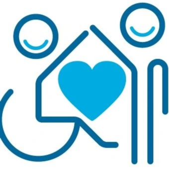 Multi schools logo -blue line drawing of two people high fiving, one in a wheel chair with a heart in the middle